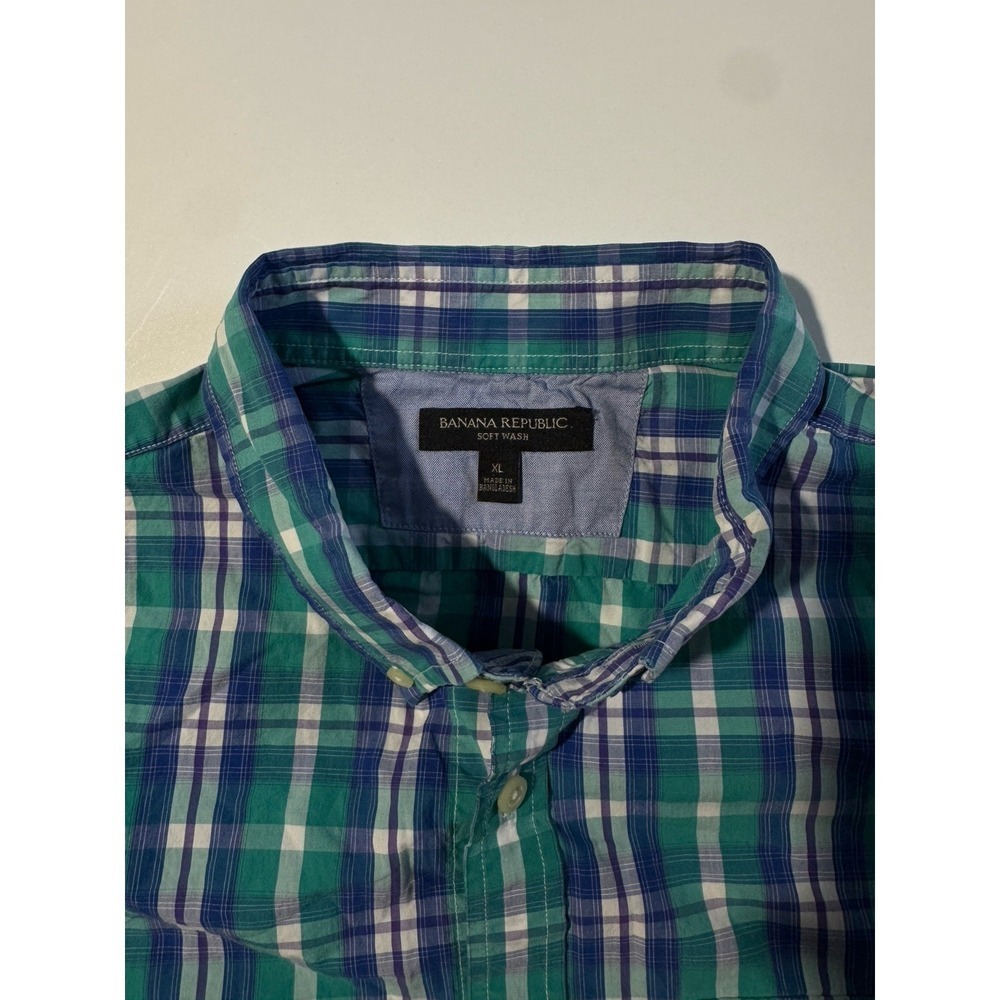 Banana Republic Soft Wash Dress Shirt Mens Green Blue Teal Plaid Fall 13